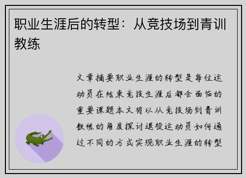 职业生涯后的转型：从竞技场到青训教练