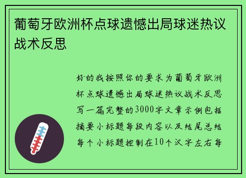 葡萄牙欧洲杯点球遗憾出局球迷热议战术反思