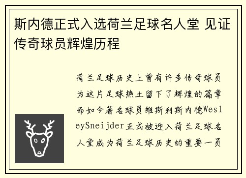 斯内德正式入选荷兰足球名人堂 见证传奇球员辉煌历程
