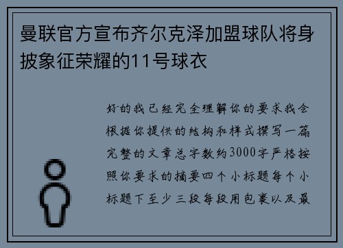 曼联官方宣布齐尔克泽加盟球队将身披象征荣耀的11号球衣